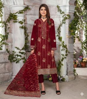 Elegant Maroon Embroidered Cotton 3 Piece Suit 